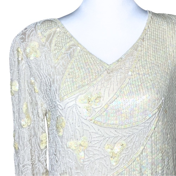 Vintage 100% Silk Ivory 70s 80s Fully Beaded Sequin Long Sleeve Dress - Picture 8 of 15